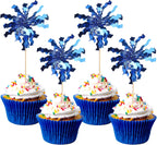 30 PCS Foil Firework Cupcake Toppers Sparkle Tinsel Cupcake Picks Happy Birthday Cake Toppers Drink Stirrers Cocktail Fruit Toothpicks for Baby Shower Birthday Party Decorations Supplies Dark Blue