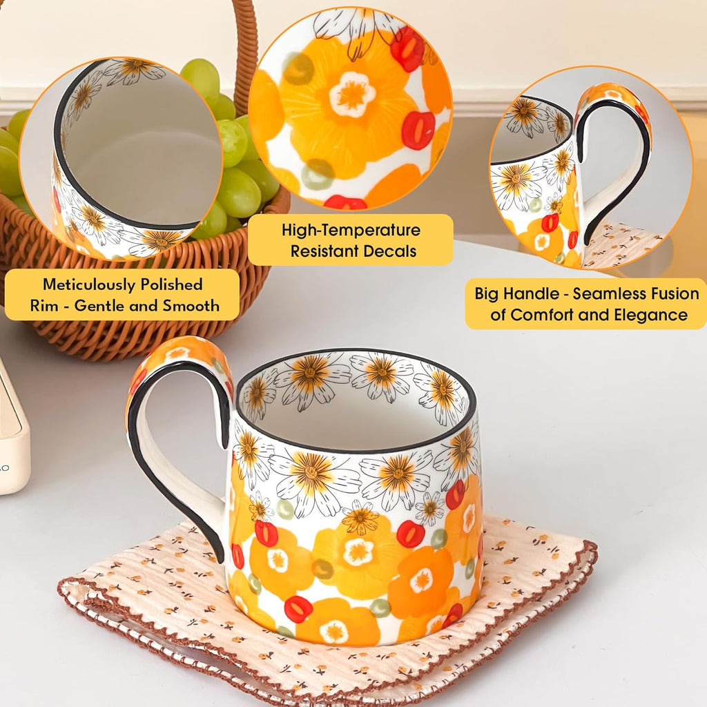 Ceramic Coffee Mug, 12oz Cute Floral Coffee Mugs with Large Handle, Orange Flower Design Stoneware Tea Cup for Office and Home