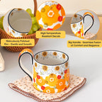Ceramic Coffee Mug, 12oz Cute Floral Coffee Mugs with Large Handle, Orange Flower Design Stoneware Tea Cup for Office and Home