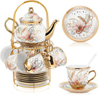 Zhehao 20 Pcs Porcelain Tea Set with Metal Holder and Spoon Adult Ceramic Tea Party Set European Flower Painting Teapot Cup Saucer Spoon Set for Women, Large Version(Traditional Style)