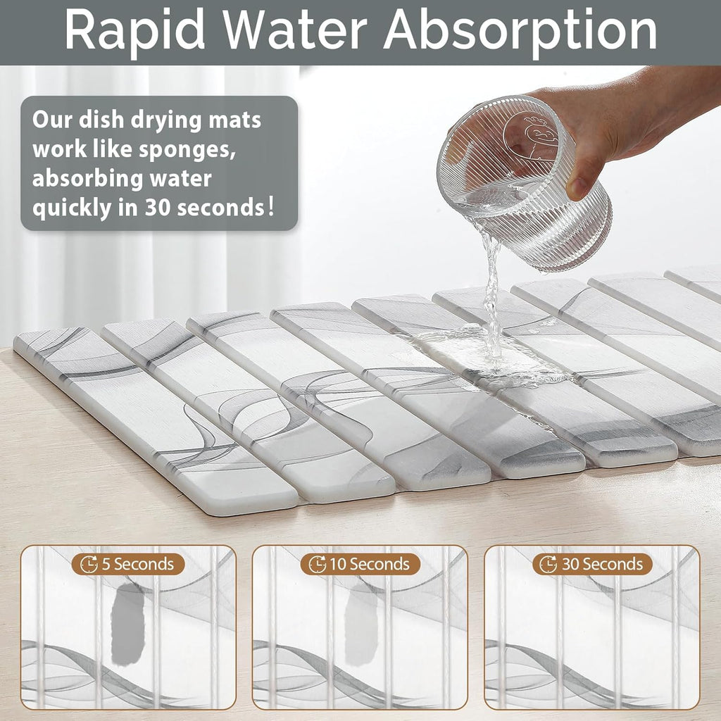 2 PCS Large Stone Dish Drying Mat for Kitchen Counter,Quick Dry Stone Dishes Mats,Marbled Water Absorbing Diatomaceous Earth Drying Pad for Countertop Bottles Utensils Cups（Black White 24"×16"&8"x4"）