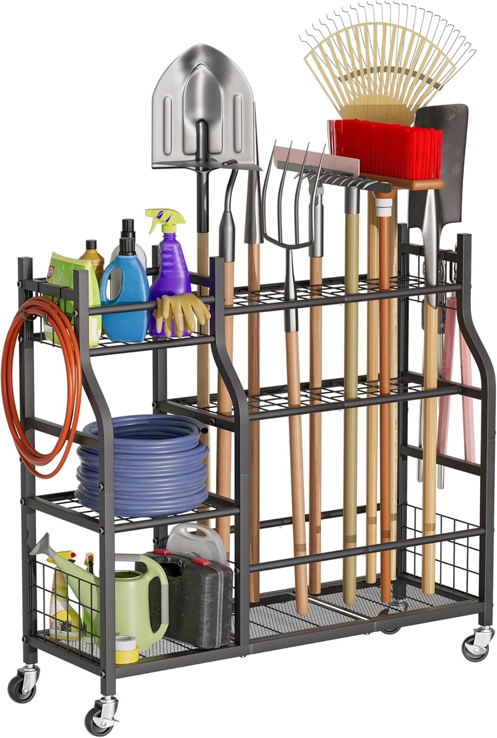 Garden Tool Organizer with Wheels for Garage and Shed, Spacious Tool Storage, Multi-Tier Design with Side Hooks for Rakes, Shovels, Brooms, and Yard Tools Rolling Cart