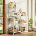 Huuger 31.5 Inch Bakers Rack with Power Outlets, Kitchen Microwave Stand with Storage, Coffee Bar with 4 Hooks, 3-Level Height Open Shelves, White