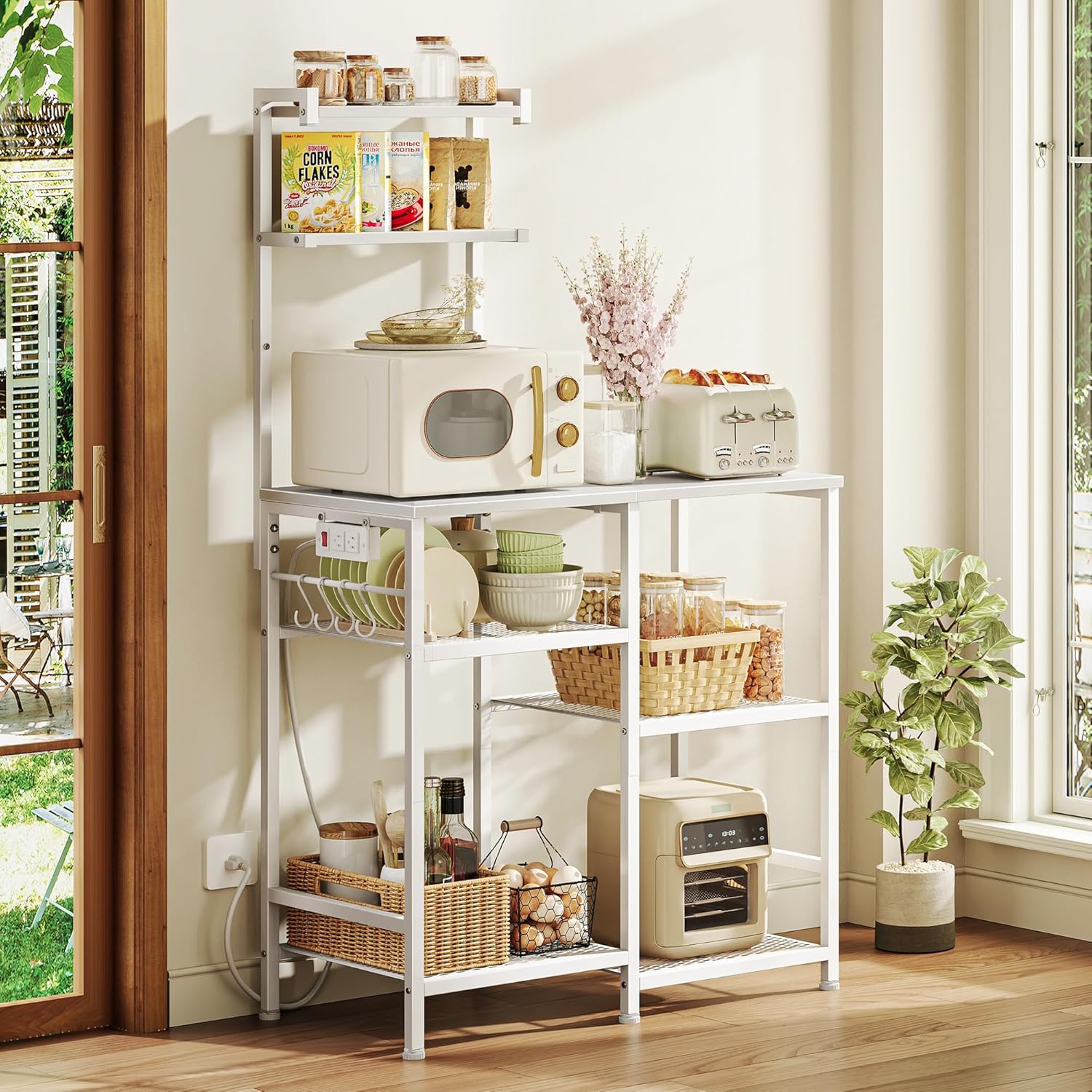 Huuger 31.5 Inch Bakers Rack with Power Outlets, Kitchen Microwave Stand with Storage, Coffee Bar with 4 Hooks, 3-Level Height Open Shelves, White