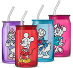 JoyJolt Disney Mickey Mouse and Friends Color Sketch Glass Tumblers with Lids and Straws, 16oz Glass Cups with Lids and Straws, Can Shaped Drinking Glasses Set of 4, Disney Gifts for Adults