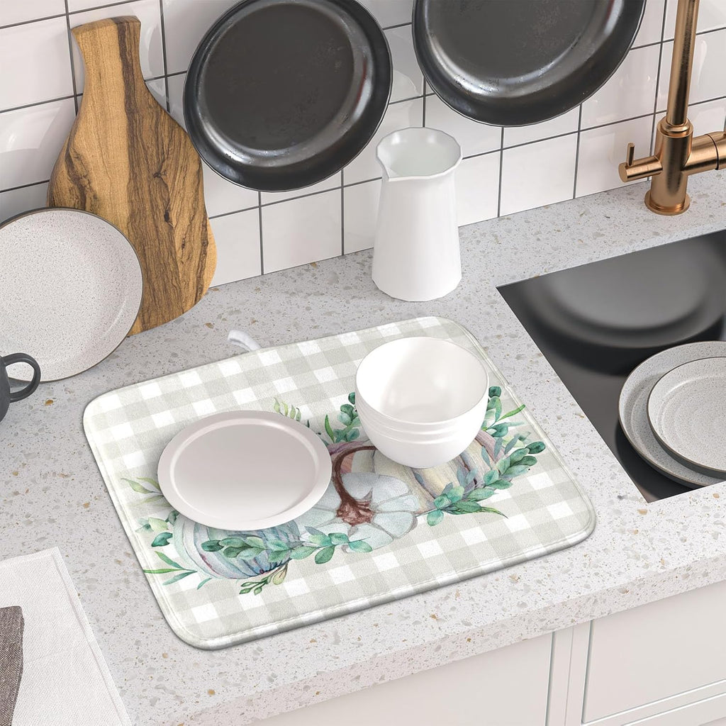 Fall Colorful Pumpkin Dish Drying Mat for Kitchen Counter,Green Leaves Drying Mat with Hanging Loop 16 x 18 Inch Microfiber Grey White Check Plaids Dish Drying Pad Dish Rack Drainer Mat for Coffee Bar
