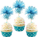 Gyufise 30Pcs Foil Firework Cupcake Toppers Sparkle Tinsel Cake Toppers Tinsel Drink Cake Decoration Cocktail Picks for Birthday Wedding Graduation Party Supplies Lake Blue