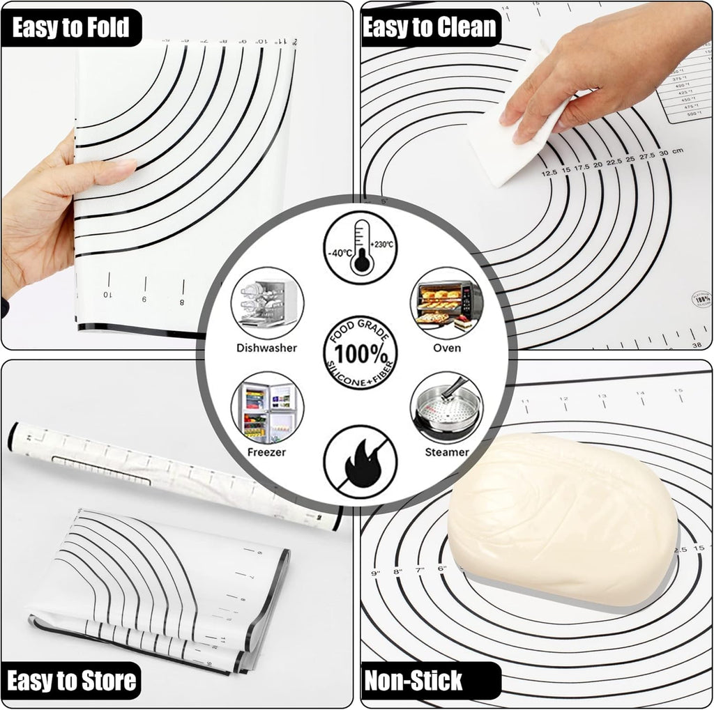 Rolling Pin with Thickness Rings and Pastry Baking Mat, 13.6" Adjustable Wooden Rolling Pin Dough Roller for Baking Cookie Pizza, Comes with Large Silicone Pastry Mat, Kitchen Baking Tools