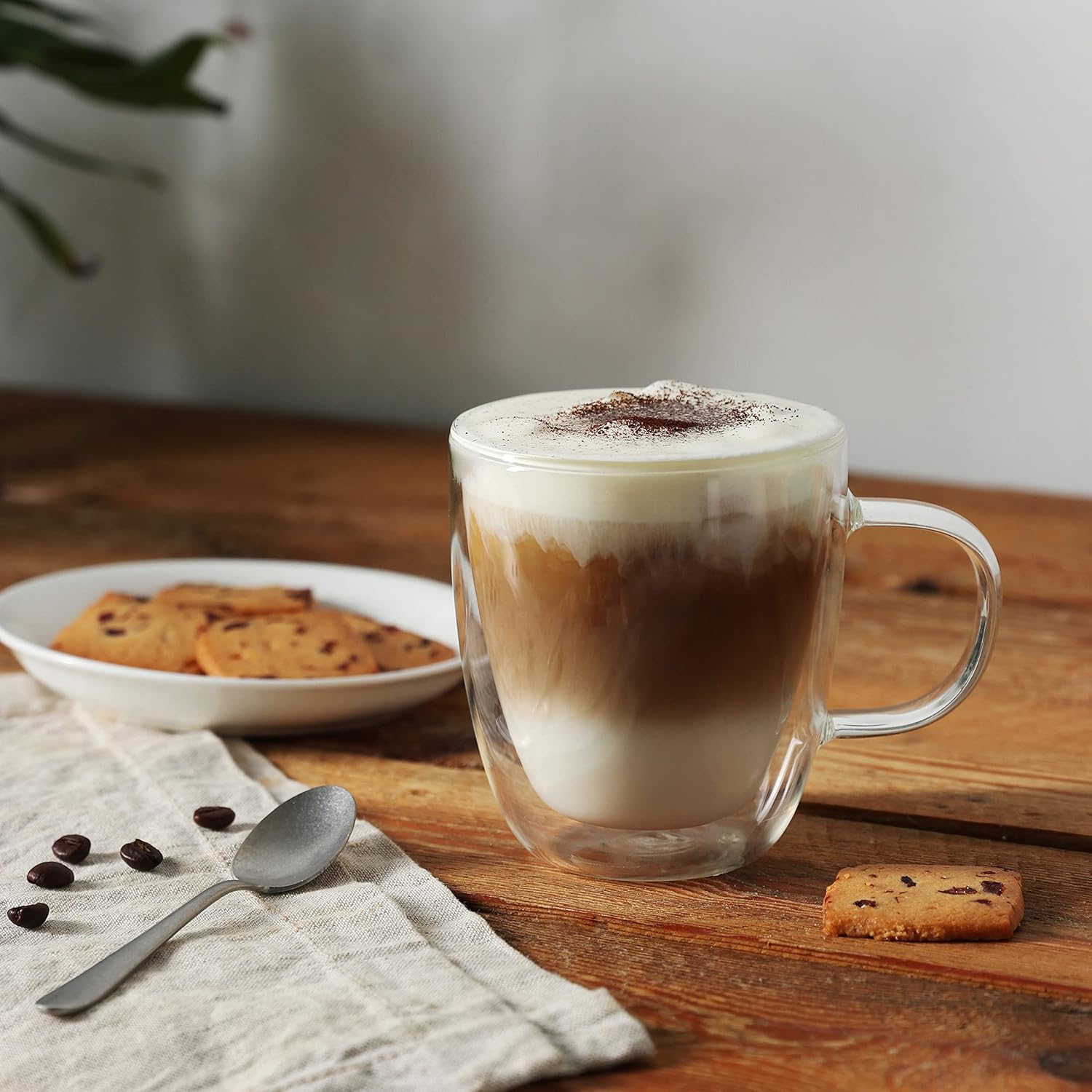 CNGLASS Large Glass Coffee Mugs 12oz,Double Walled Insulated Cappuccino Mug with Handle,Set of 4