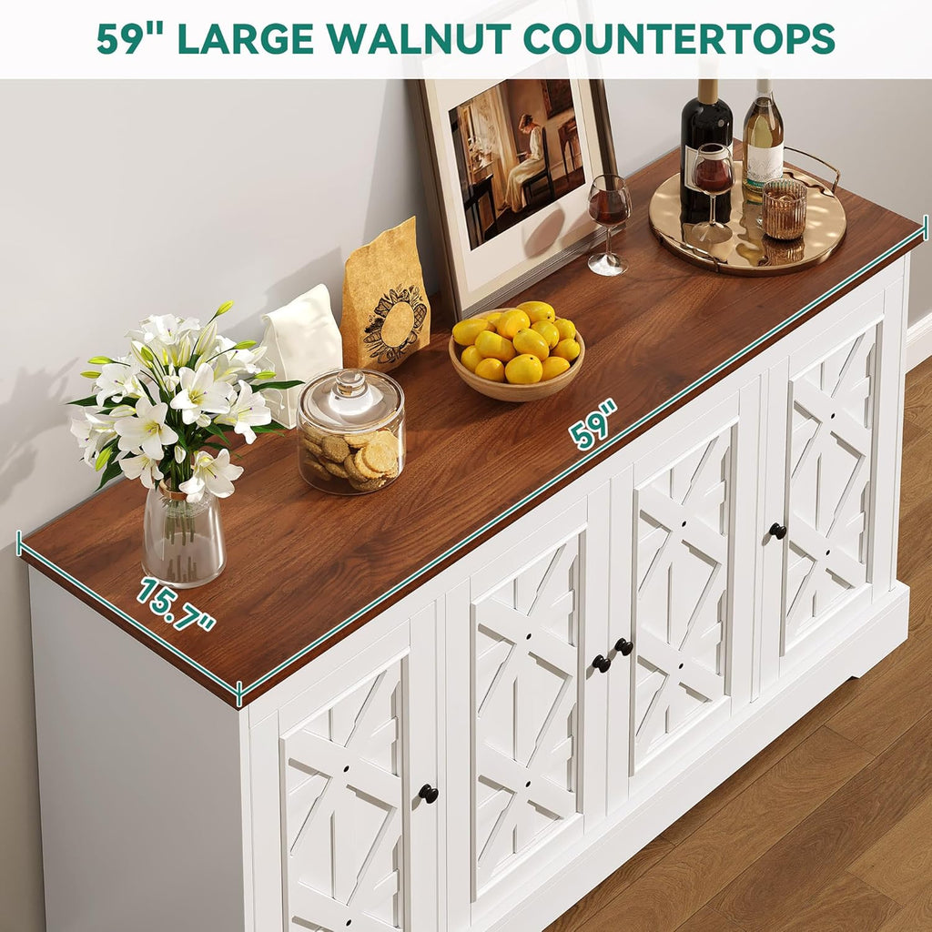 YITAHOME Sideboard Buffet Cabinet with Storage, 59" Buffet Storage with 4 Doors, Modern Farmhouse Coffee Bar Station Wood Kitchen Table with Adjustable Shelves for Kitchen, Living Room (White)