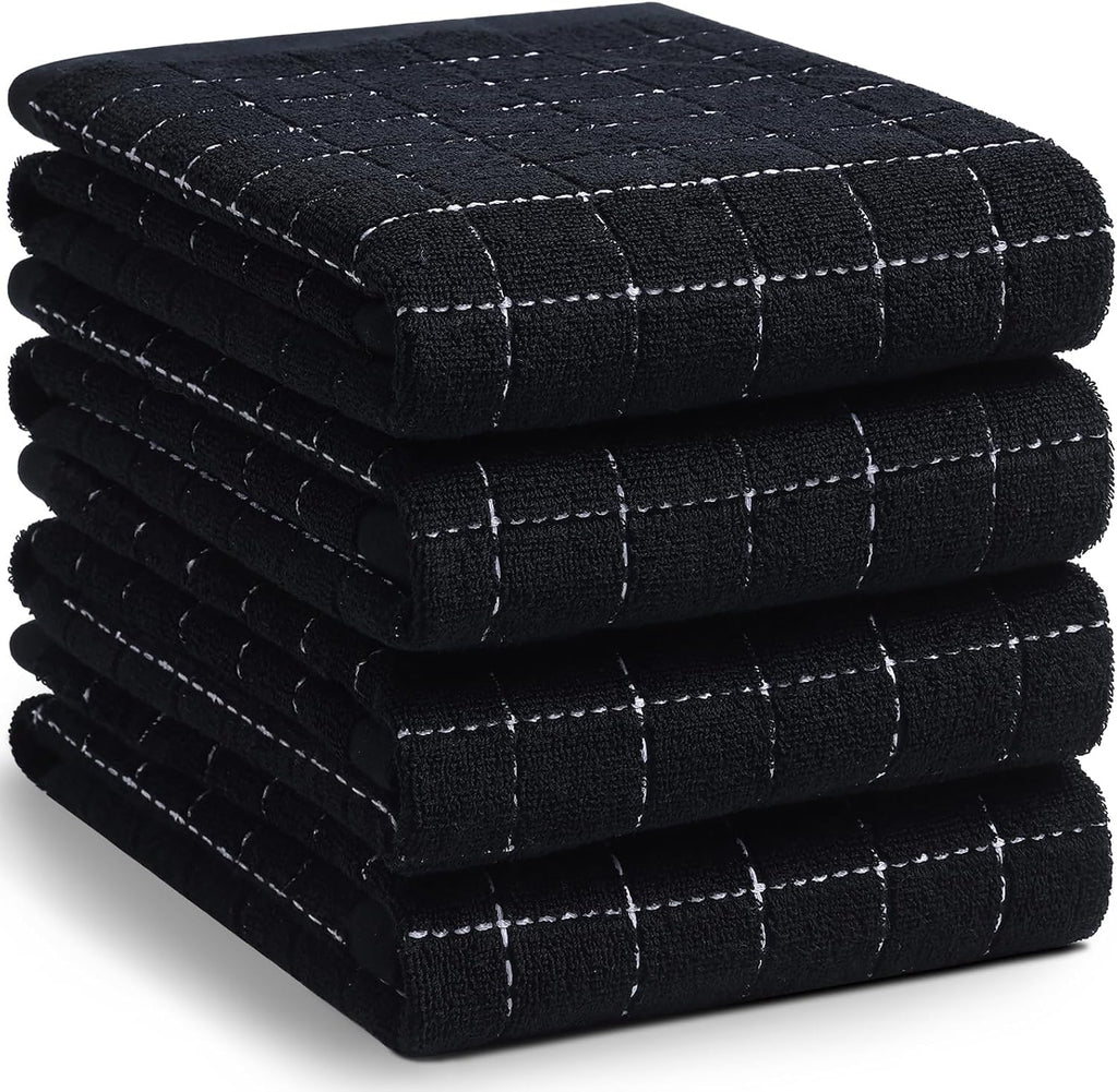 Homaxy 100% Cotton Terry Kitchen Towels(Black, 20 x 28 inches), Checkered Designed, Soft and Super Absorbent Dish Towels, Large 4 Pack
