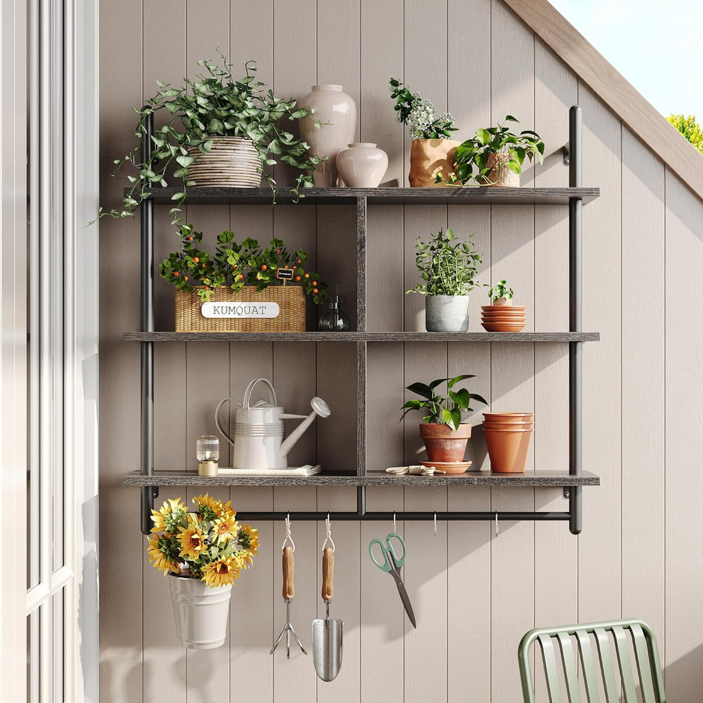 Bestier Kitchen Shelves Wall Mounted Floating Pipe Shelving 3 Tier 41.5" Coffee Bar Shelf with Holder, Wall Display Storage Rack Sundries for Kitchen Living Room, Charcoal Black