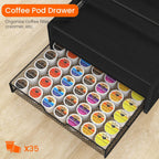 Homode 3-Tier Coffee Bar Organizer, 8 Bottle Syrup Stand with 35 Coffee Pod Storage Drawer, Rustic Wood & Metal Countertop Liquor Bottle Holder for Kitchen, Black