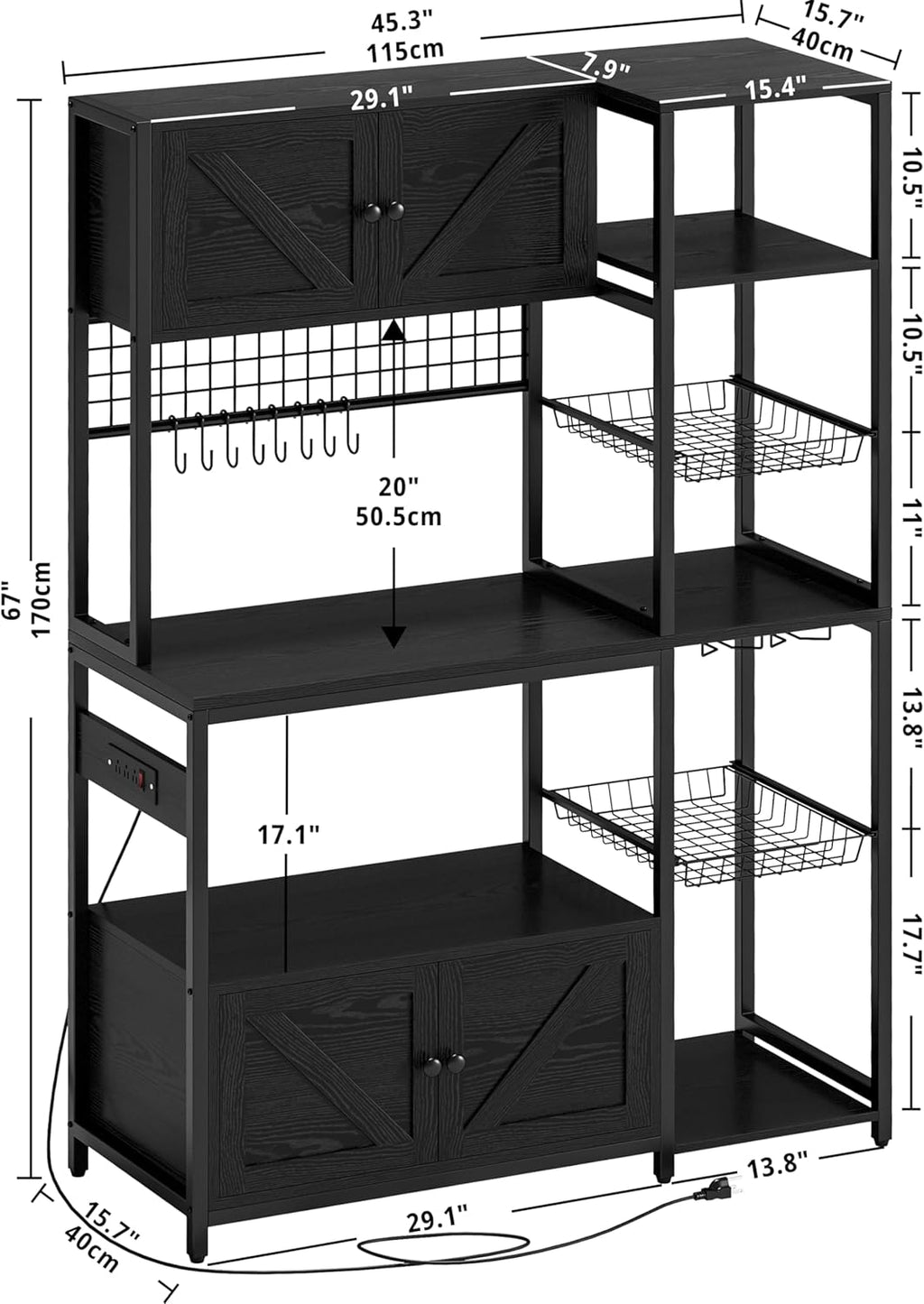 IRONCK Bakers Rack with 2 Storage Cabinets and Power Outlet, 45.3 Inch Industrial Coffee Bar Cabinet Shelves, Kitchen Microwave Stand with Storage, Vintage Black