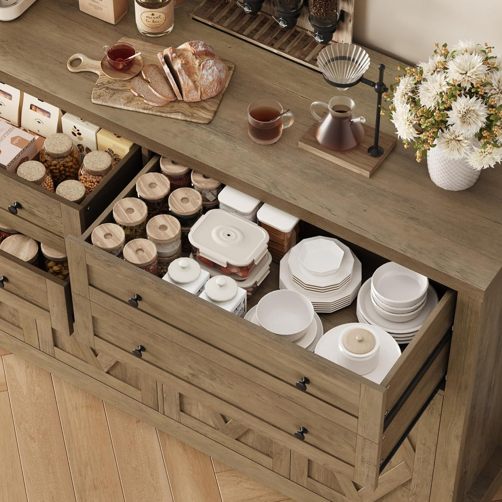 HOSTACK 55" Coffee Bar with 4 Large Drawers, 40" Tall Buffet Cabinet with Storage, Kitchen Storage Cabinet, Modern Farmhouse Sideboard Buffet, Adjustable Shelves for Living Room, Rustic Brown