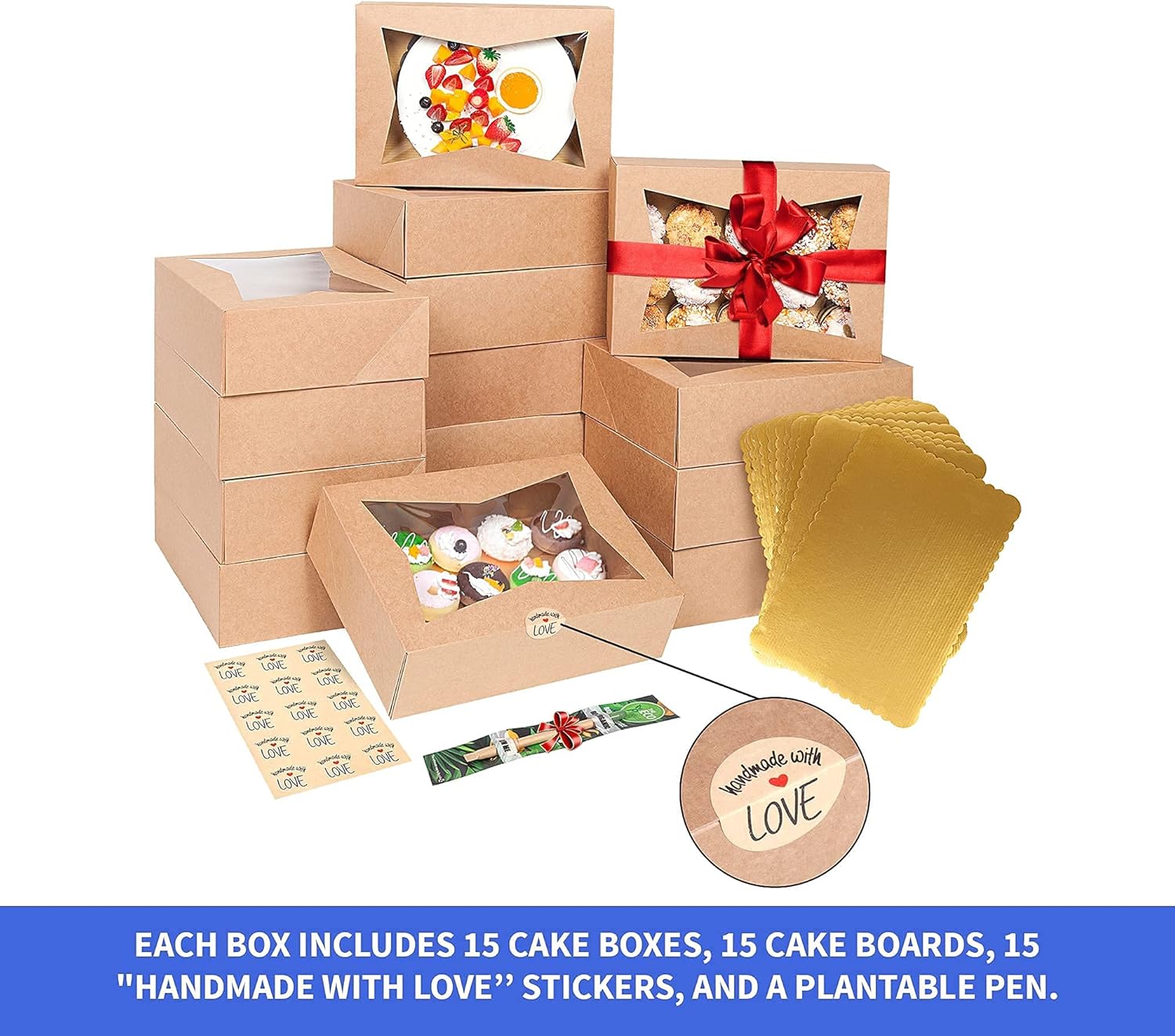 (15 Pack) Cake Boxes with Cake Boards INCLUDED – Easy-Assembly, 14 x 10 x 4 Inch, Dessert Boxes with Window, Stickers – Store & Sell Cakes, Cupcakes, Muffins, & Donuts in Bakery Boxes