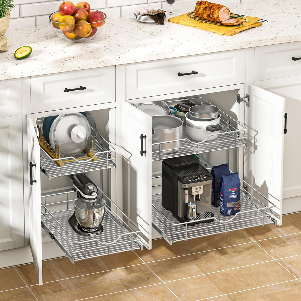 WelFurGeer 2-Tier Kitchen Cabinet Pullout Shelf and Drawer Organizer, Soft Close Pantry Pull Out Shelves, Heavy Duty Pull Out Cabinet Organizer with Shelf Liner for Kitchen Cabinets, Pantry Storage