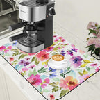 Floral Watercolor Dish Drying Mat Colorful Flowers Coffee Bar Mat for Countertop Hide Stain Rubber Backed Absorbent Dish Drainer Rack Pad Espresso Machine Coffee Pot Dining Room Decor 15.7 x 23.6 Inch