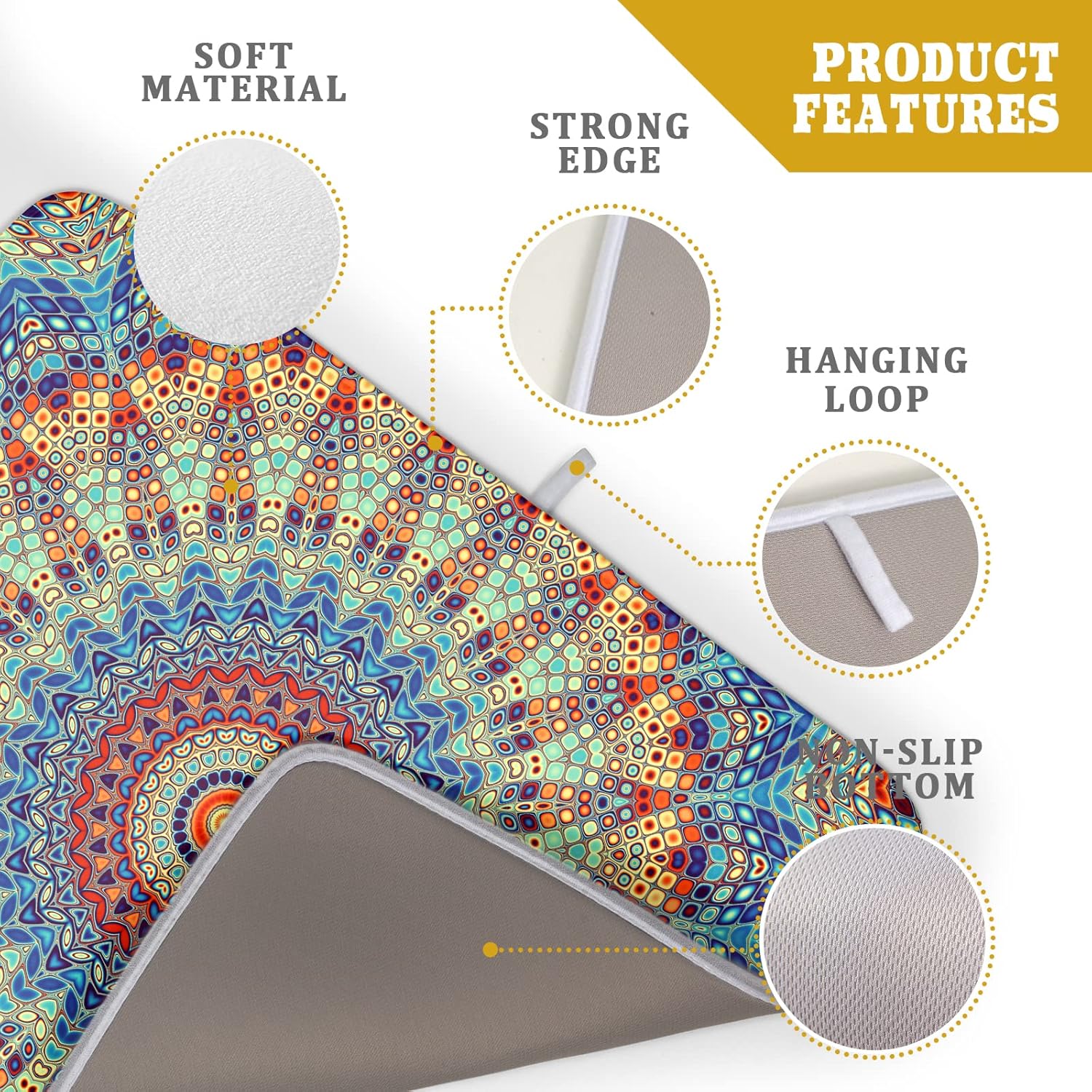 Bohemian Mandala Dish Drying Mat for Kitchen Counter Boho Ethnic Drying Mat 18 x 24 Inch with High Absorbent Reversible Microfiber Dish Drying Pad Dish Rack Pad Drainer Mat for Coffee Bar