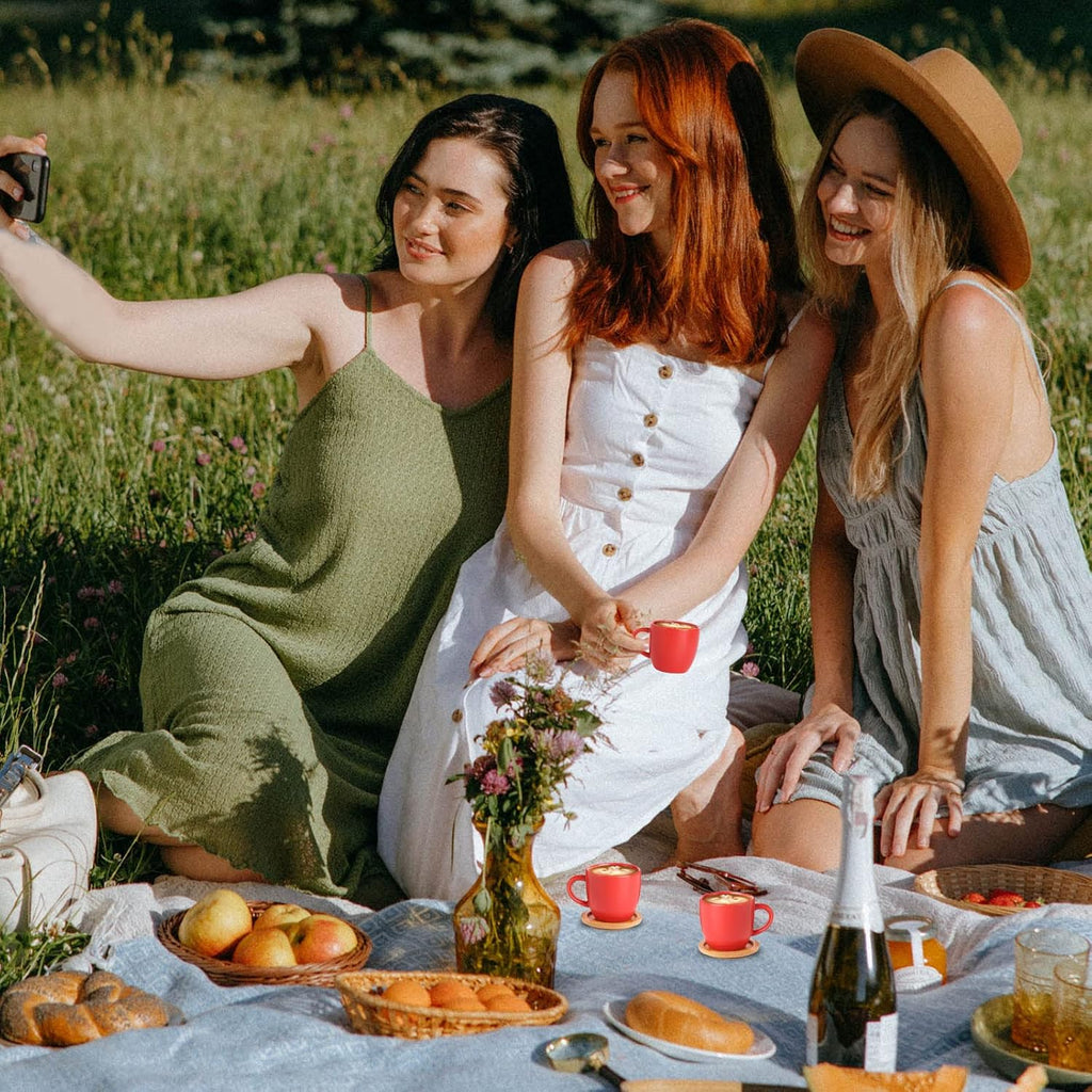 Hasense Espresso Cups and Saucers Set of 6, 3.5 OZ Demitasse Cups with Handle for Drinks, Latte, Cappuccino, Cafe Mocha and Tea, Porcelain Coffee Cups for Coffee Bar Home and Party, Red