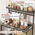 Furologee Kitchen Bakers Rack with Hutch,Coffee Stand with Storage 4 Tiers,Coffee Bar Station with a 31.5 Inch Larger Desktop and 8 S Hooks,Kitchen Microwave Rack for Spices,Pots,Rustic Brown