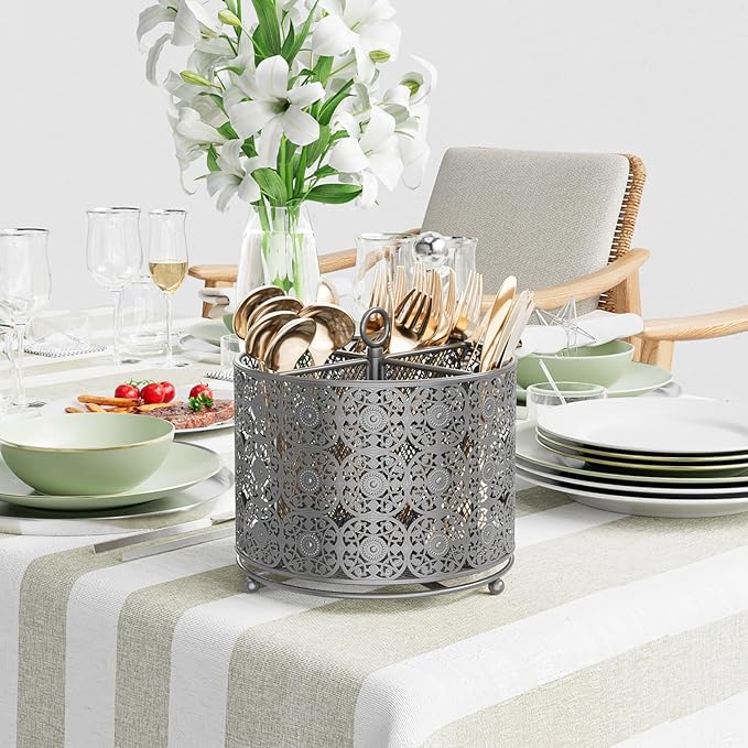 Rotating Utensil Caddy Countertop - Higher Raised Cutlery Caddy Holder - Metal Silverware Caddy Organizer with 4 Compartment for Kitchen Counter Party Office Silver