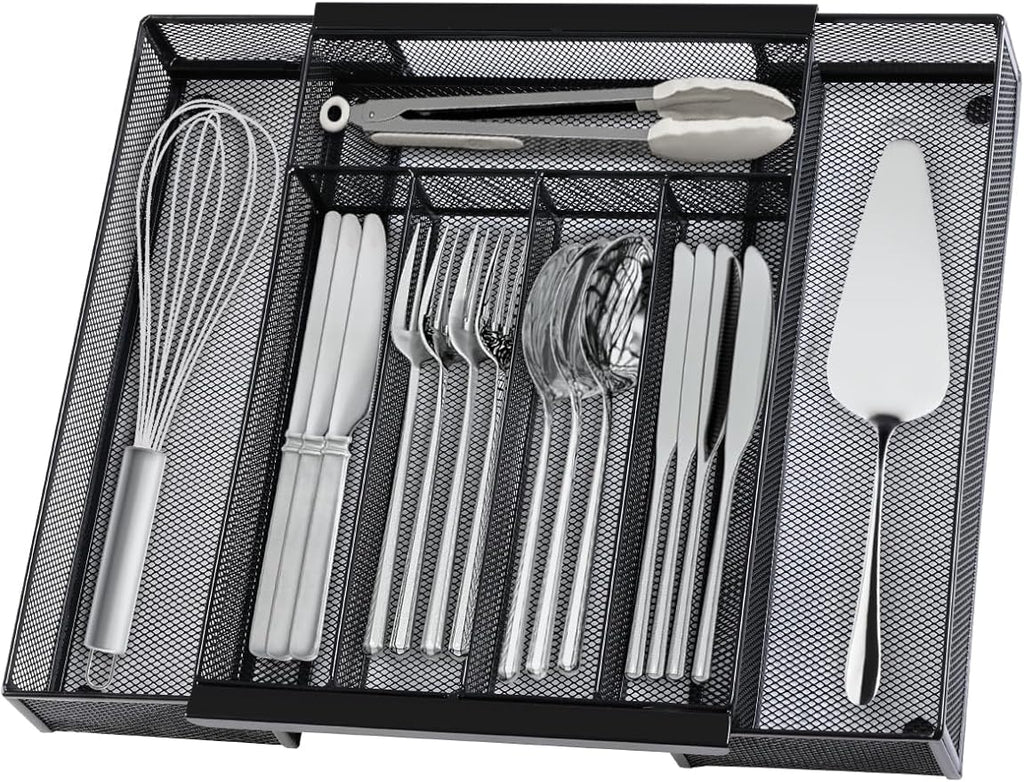 Silverware Organizer Metal Mesh, Drawer Organizer, Utensil Cutlery Tray for kitchen drawers,Expandable Flatware Organizer with 7 Compartment Black 9.4"~17.3" x 13.7"