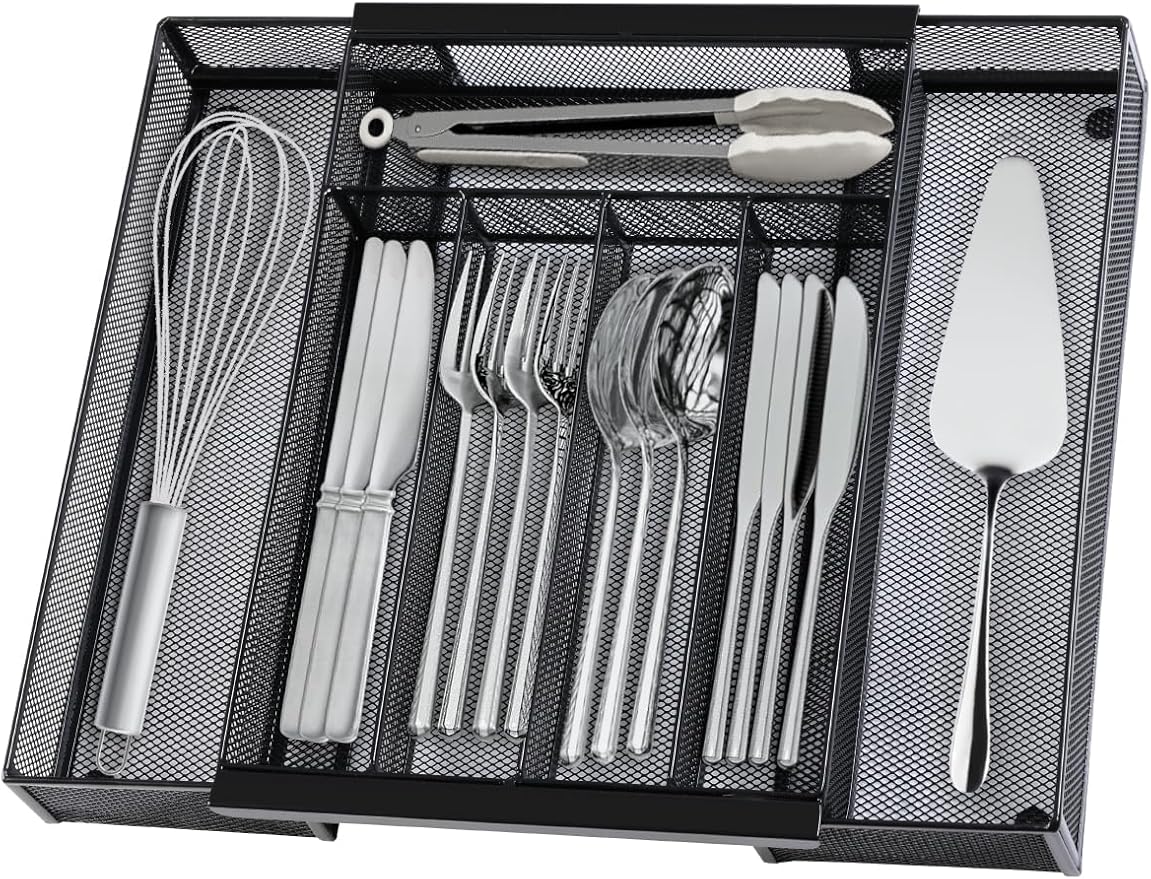 Silverware Organizer Metal Mesh, Drawer Organizer, Utensil Cutlery Tray for kitchen drawers,Expandable Flatware Organizer with 7 Compartment Black 9.4"~17.3" x 13.7"