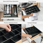 KitchenEdge Tea Bag and Coffee Pod Kitchen Drawer Organizer, Expandable 9.7 to 17 Inches, 10 Storage Compartments, Adjustable Wall Inserts, Non-Slip Feet, Food-Safe Black Finish, 100% Bamboo Wood