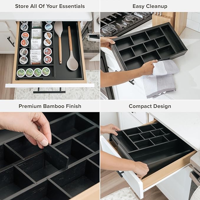 KitchenEdge Tea Bag and Coffee Pod Kitchen Drawer Organizer, Expandable 9.7 to 17 Inches, 10 Storage Compartments, Adjustable Wall Inserts, Non-Slip Feet, Food-Safe Black Finish, 100% Bamboo Wood