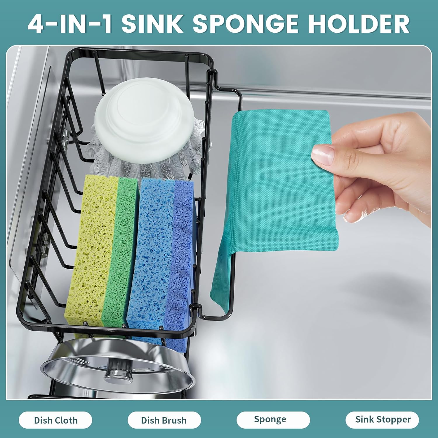 StorageRight 4-in-1 Sponge Holder for Kitchen Sink, Kitchen Organizers and Storage with Adhesive Hook & Suction Cups, Rustproof Sink Caddy for Kitchen Decor, Kitchen Sink Organizer - Black