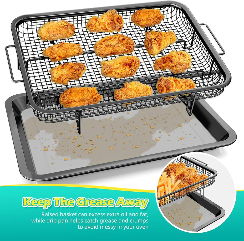 Air Fryer Basket for Oven, OPENICE 15.6" x 11.6" Air Fryer Tray and Pan Set with 30PCS Parchment Papers, Stainless Steel Oven Air Fryer Basket and Tray for Baking Grilling - Black