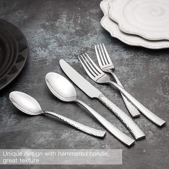 Hand Forged Stainless Steel Flatware Set Silverware Set Cutlery Set Hammered Pattern 5 Pieces Service for 1
