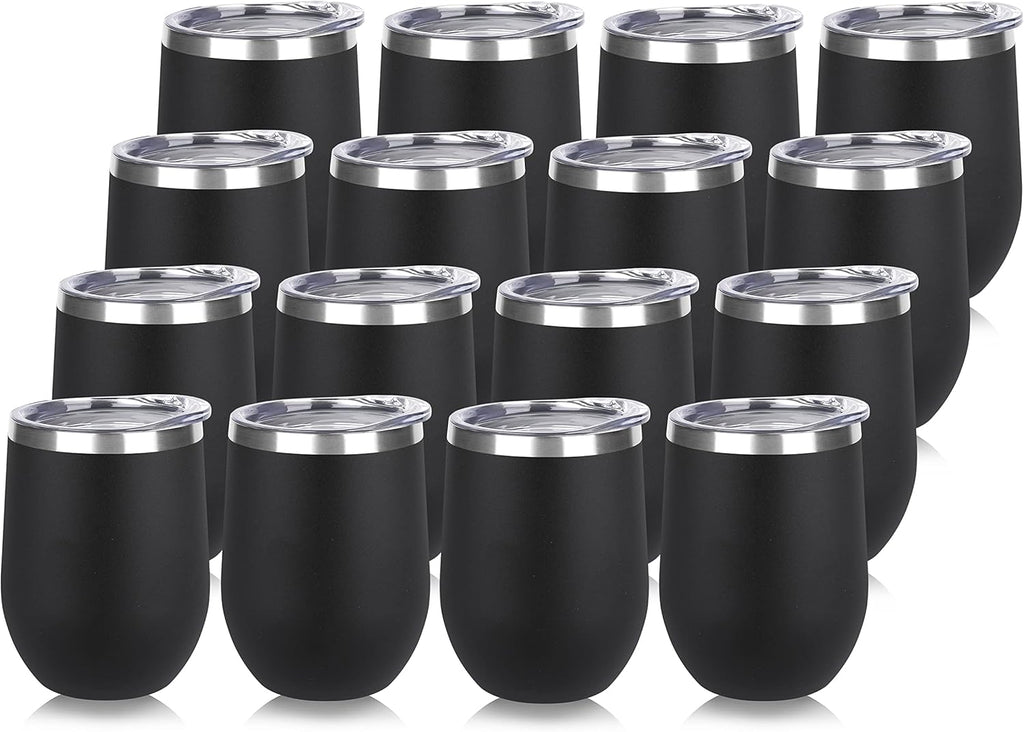 DOMICARE Stainless Steel Wine Tumbler Bulk with Lid, Personalized Insulated Tumblers Set, 12oz Travel Coffee Cups Pack of 16, Black