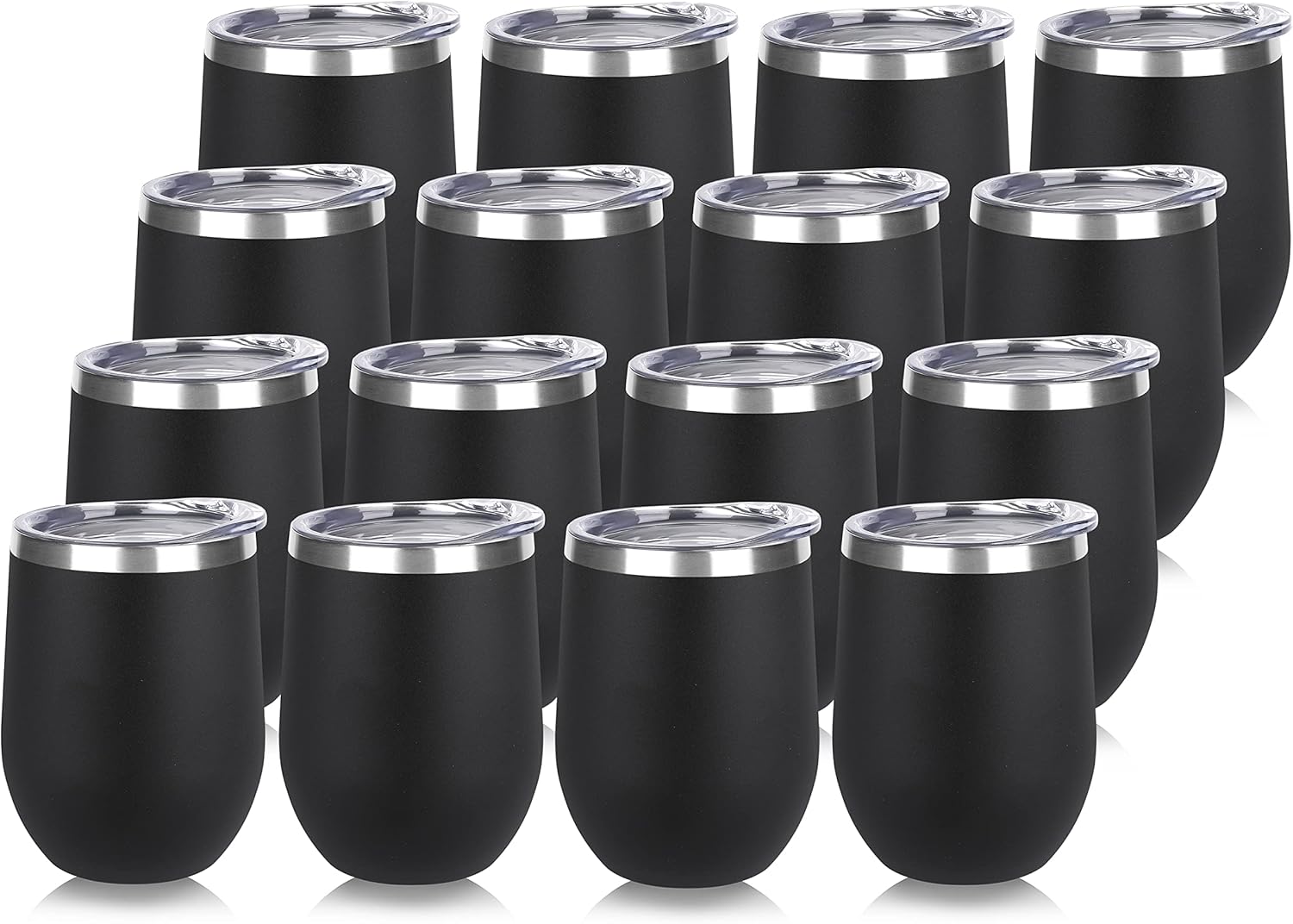 DOMICARE Stainless Steel Wine Tumbler Bulk with Lid, Personalized Insulated Tumblers Set, 12oz Travel Coffee Cups Pack of 16, Black