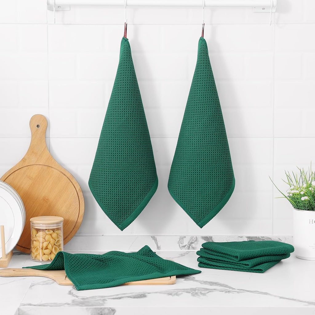 Kitinjoy 100% Cotton Kitchen Dish Cloths, 6 Pack Waffle Weave Ultra Soft Absorbent Dish Towels for Drying Dishes Quick Drying Kitchen Towels Dish Rags, 12 X 12 Inches, Dark Green