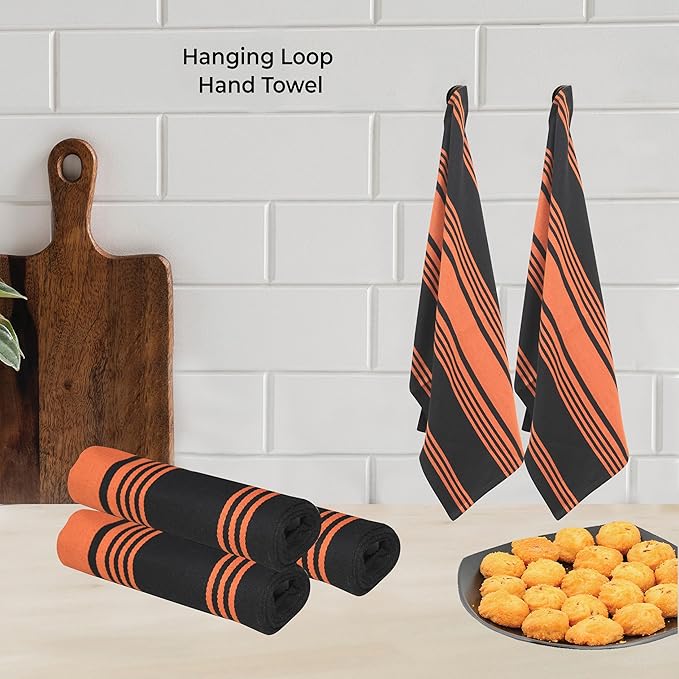 Urban Villa Kitchen Towels 100% Cotton Dish Towels(Set of 3) 20”x30” Dish Cloths Highly Absorbent Kitchen Linen Set with Hanging Loop Perfect for Drying Dishes Cleaning Towels-Orange Balck