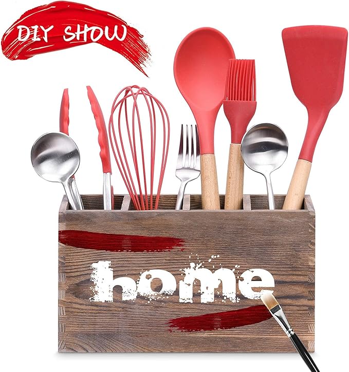 WuGeShop 4 Compartment Wooden Utensil Holder Organizer for Kitchen Countertop Organizer and Cooking Tools Storage