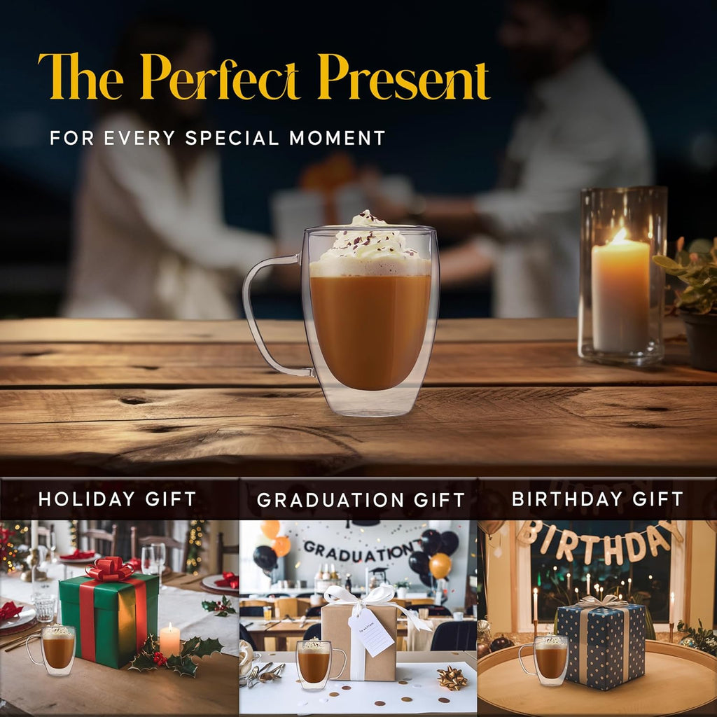 Kitchables Double Walled Glass Coffee Mugs Set of 2, 12oz - Insulated Glass Coffee Mugs for Cappuccino, Latte, Tea, Espresso - Latte Cup - Tazas Para Cafe