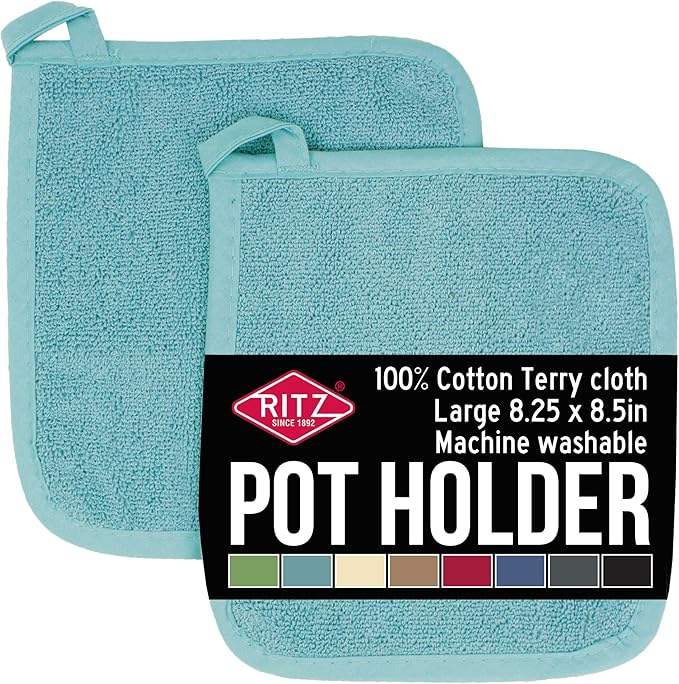 RITZ Terry Potholder & Hot Pad: Unparalleled Heat Resistant, Durable 100% Cotton – Ergonomically Designed for Optimal Grip – Easy-Care Machine Washable – 2-Pack, Dew