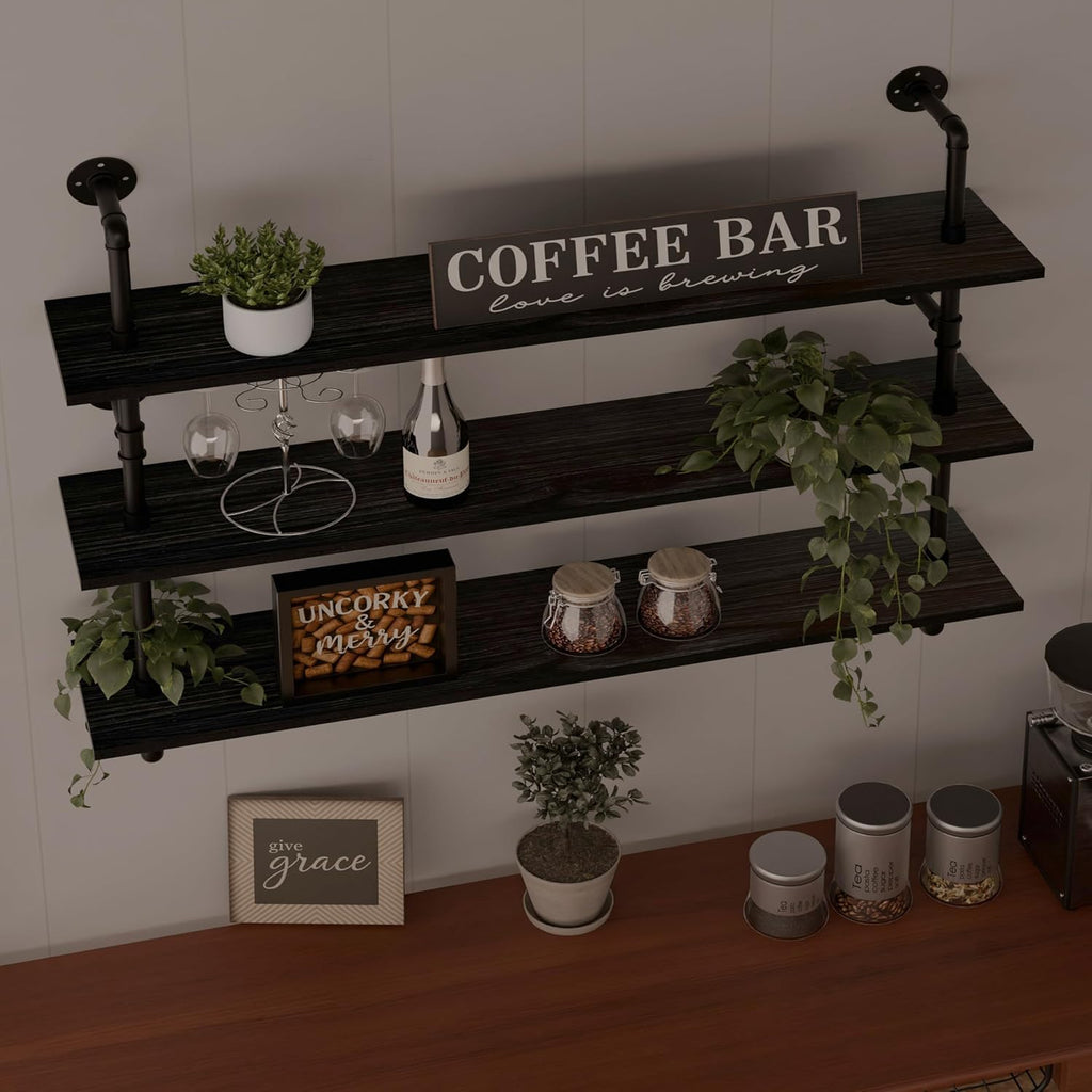 Industrial Pipe Shelving Rustic Black Wall Shelves with Wood Planks Industrial Floating Shelves 48 Inch Farmhouse Bookshelf Pipe Shelves Wall Mounted