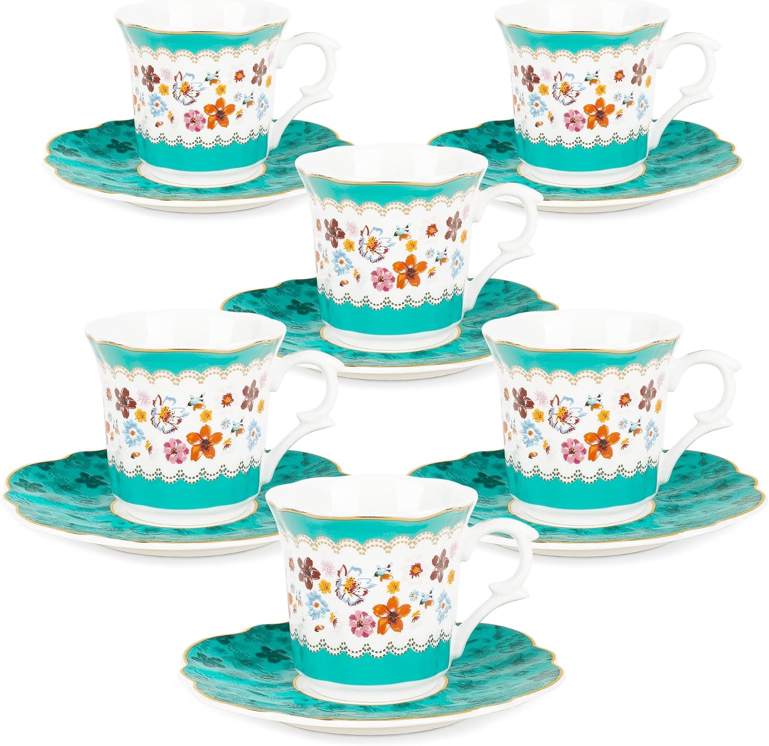 fanquare 2.5 Ounce Vintage Espresso Cups Set of 6, 12 Pieces Ceramic Demitasse Cup and Saucers, Green and Flower Pattern Espresso Mugs for Coffee Bar Home
