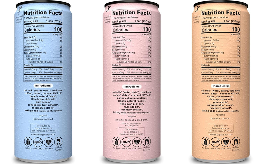 Pop & Bottle, Oat Milk Lattes - Cold Brew, Maca, Antioxidants, Ashwagandha, MCT Oil, Collagen, Organic, Diary Free, Gluten Free, Lightly Sweetened with Dates - Variety, 8 Fl Oz (6 Pack)