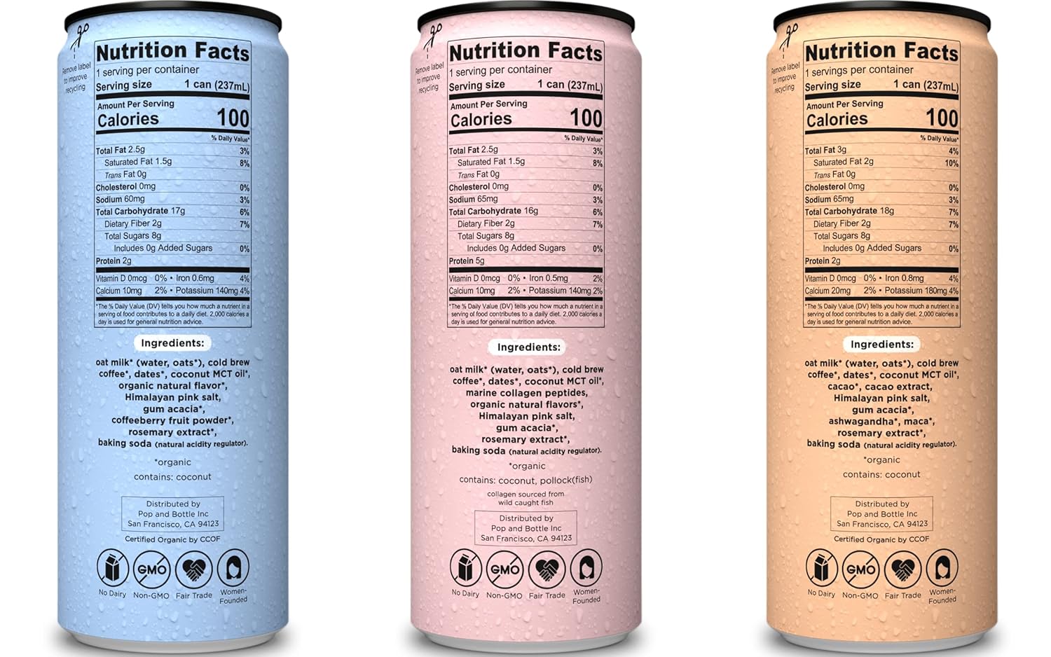 Pop & Bottle, Oat Milk Lattes - Cold Brew, Maca, Antioxidants, Ashwagandha, MCT Oil, Collagen, Organic, Diary Free, Gluten Free, Lightly Sweetened with Dates - Variety, 8 Fl Oz (12 Pack)