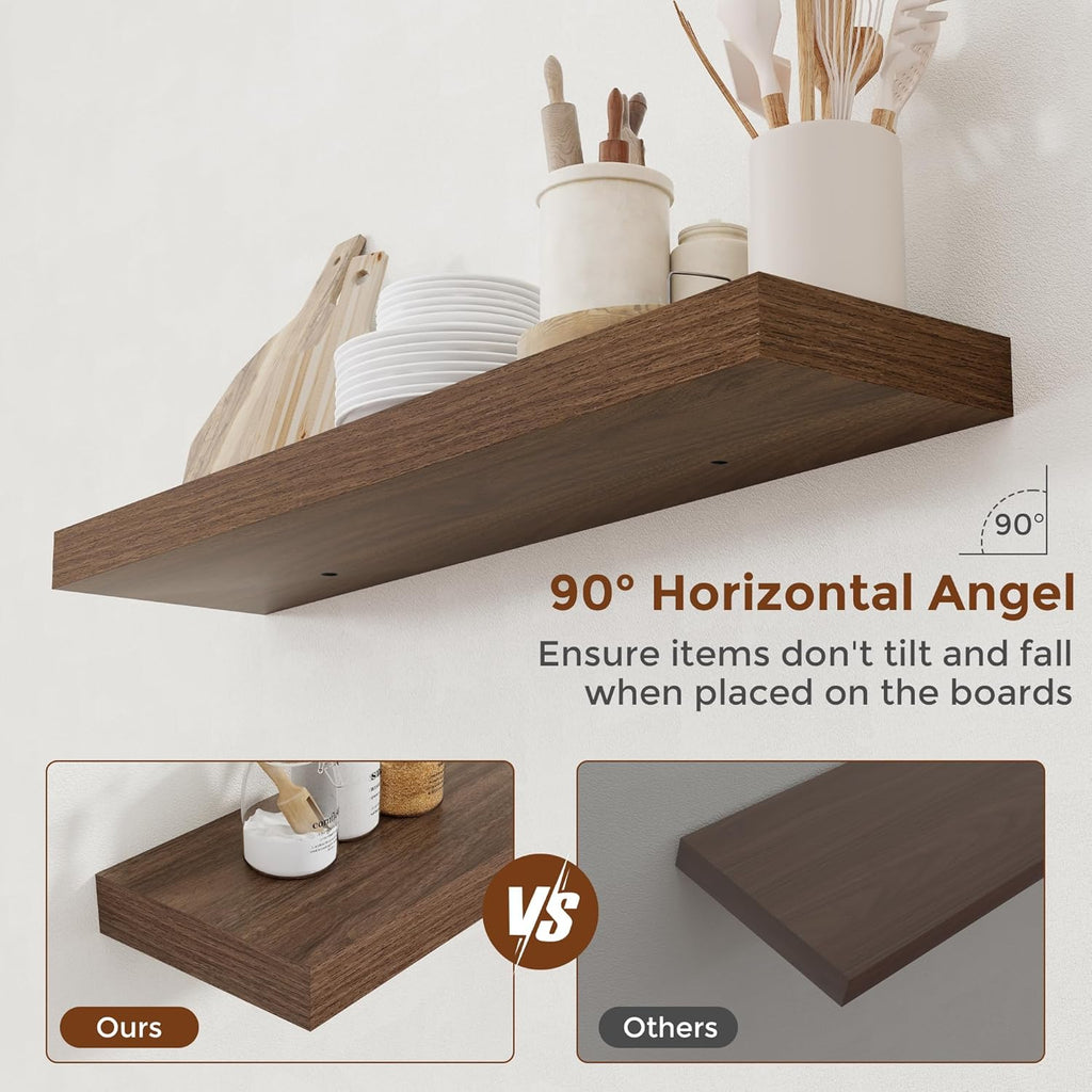 Heimlove 36 Inch Floating Shelves for Wall 8 Inch Deep Walnut Shelves Set of 2,Wall Mounted Rustic Wood Long Floating Shelf with Invisible Brackets for Bedroom Kitchen Living Room