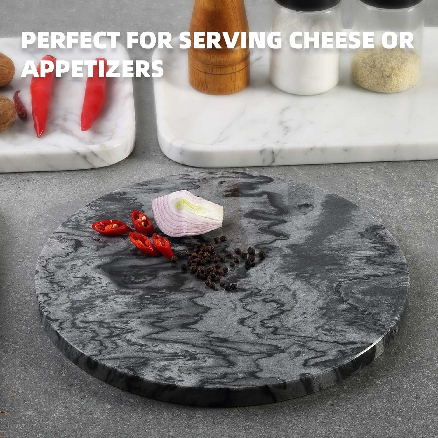 Koville African Natural Marble Cutting Board for Kitchen, 11inch Round Hand Crafted Marble Slab for Cheese, Charcuterie, Pastry Board - Wedding Gift, House Warming Gift(Monte Grigio)