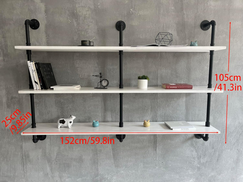 Industrial Pipe Shelving Rustic White Pipe Wall Shelves Industrial Shelves with Wood Planks Floating Shelves 60 Inch Farmhouse Bathroom,Kitchen Shelving Wall Mounted