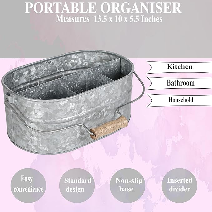 Alpha Living Home Galvanized Metal Utensil Caddy - Rustic Farmhouse Organizer Metal Garden Caddy with 4 Compartments and Wooden Handle for Kitchen, Buffet & Outdoor Events (Silver)