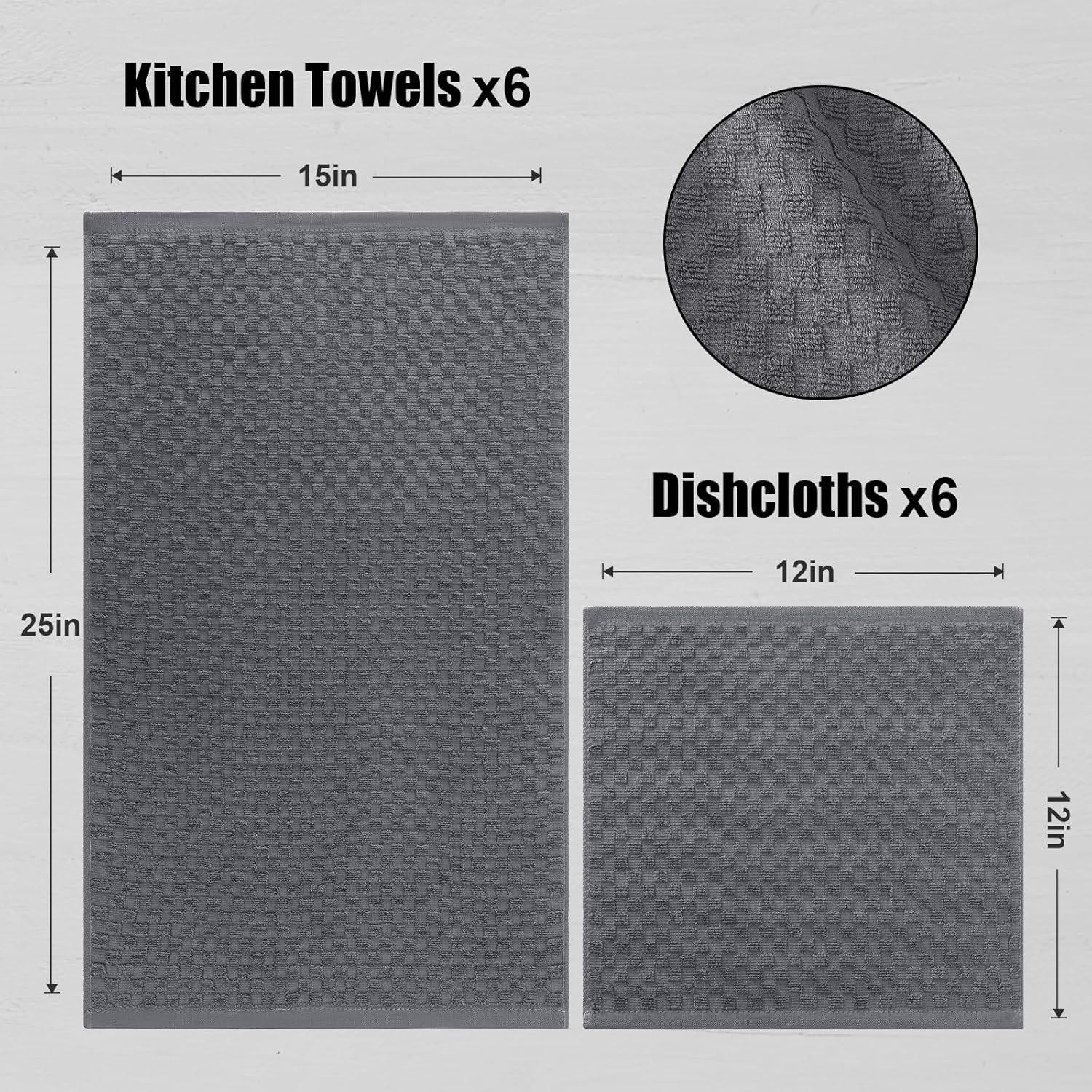 Fintale 100% Cotton Kitchen Towels and Dishcloths Set, 12 x 12 & 15 x 25 Inches, Set of 12 Bulk Super Soft and Absorbent Terry Cloth Dish Towels, Quick Drying Hand Towels with Hanging Loop, Dark Grey