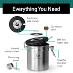 Coffee Gator Coffee Storage - 11oz Small Stainless Steel Tea and Sugar Containers - Stainless Steel Canisters with Date-Tracker, CO2 Valve for Freshness & Scoop - Silver